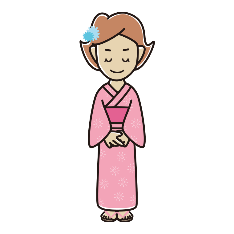お辞儀する浴衣姿の女性のイラスト【色あり、背景なし】透過PNG