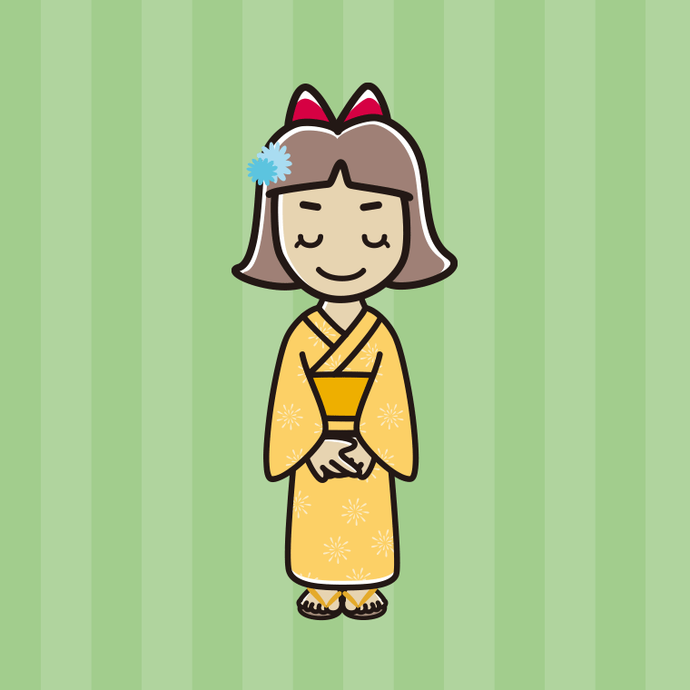 お辞儀する浴衣姿の小学生女子のイラスト【色、背景あり】PNG
