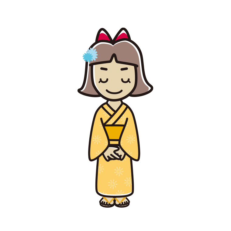 お辞儀する浴衣姿の小学生女子のイラスト【色あり、背景なし】透過PNG