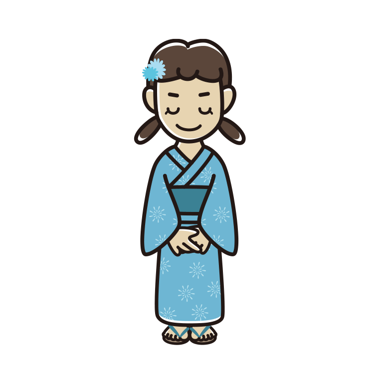 お辞儀する浴衣姿の女子中学生のイラスト【色あり、背景なし】透過PNG