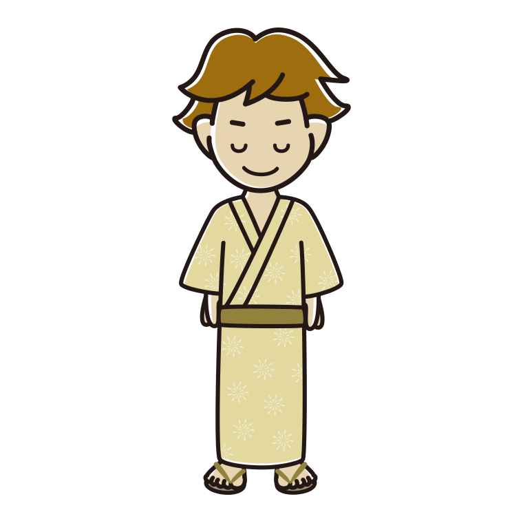 お辞儀する浴衣姿の男子高校生のイラスト【色あり、背景なし】透過PNG
