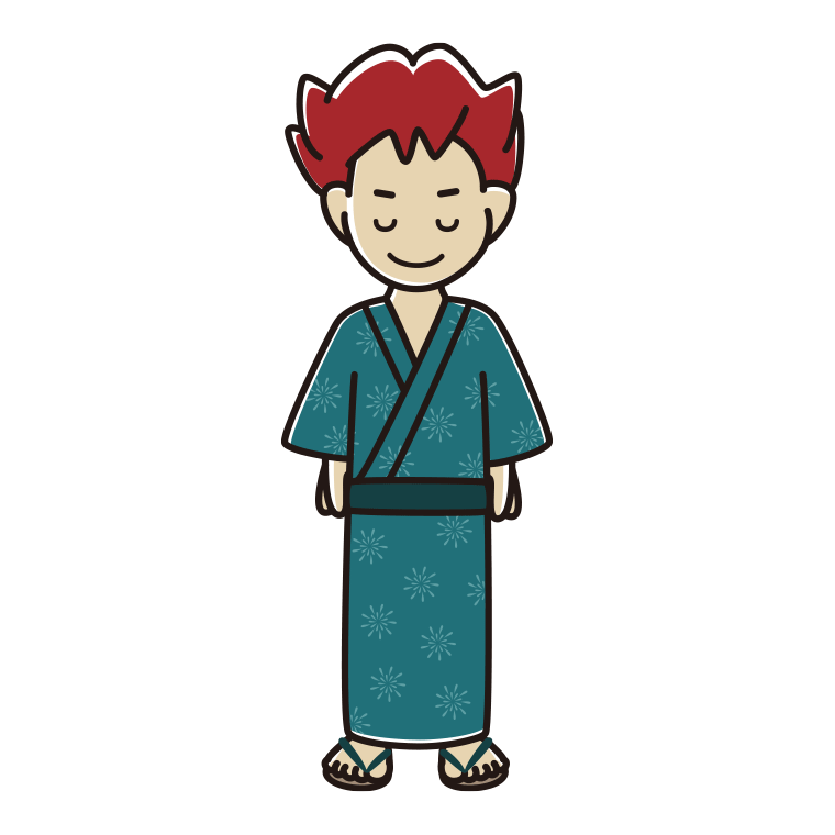 お辞儀する浴衣姿の男子大学生のイラスト【色あり、背景なし】透過PNG