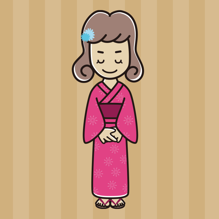 お辞儀する浴衣姿の女子大学生のイラスト【色、背景あり】PNG