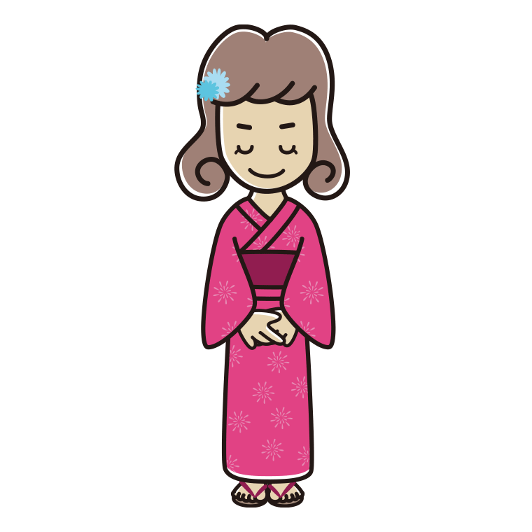 お辞儀する浴衣姿の女子大学生のイラスト【色あり、背景なし】透過PNG
