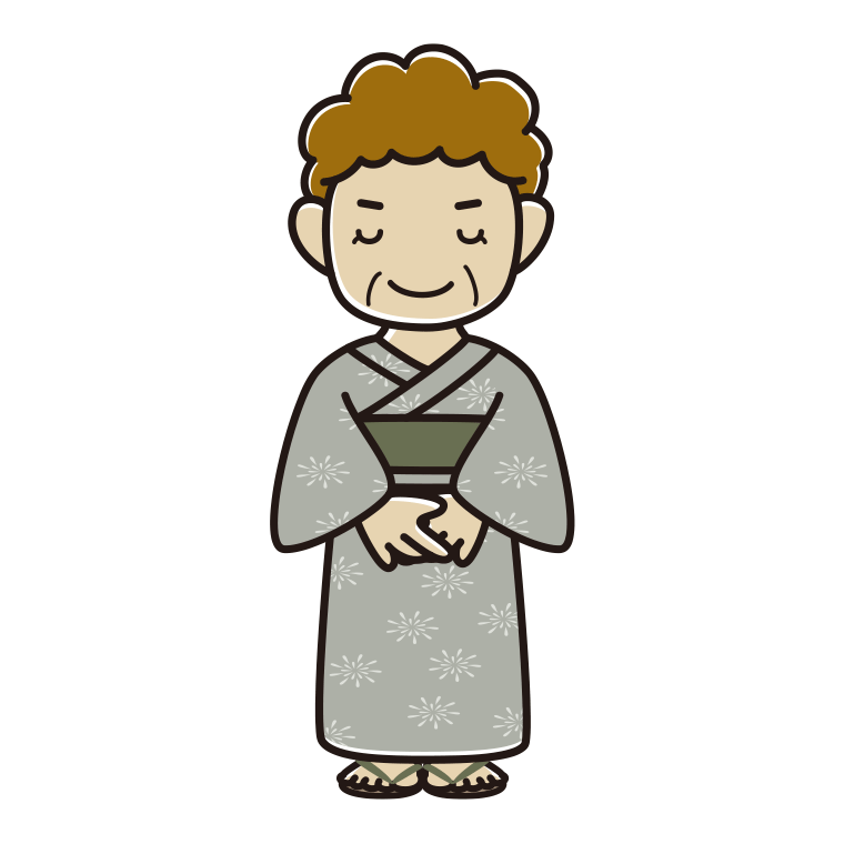 お辞儀する浴衣姿のおばさんのイラスト【色あり、背景なし】透過PNG
