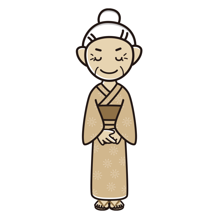 お辞儀する浴衣姿のおばあさんのイラスト【色あり、背景なし】透過PNG