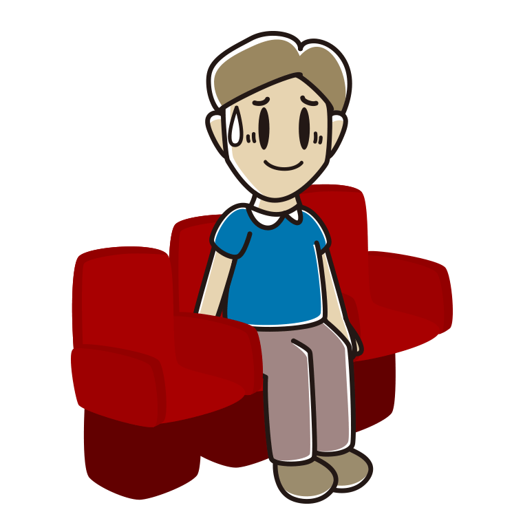 映画館（劇場）で苦笑いする男性のイラスト【色あり、背景なし】透過PNG