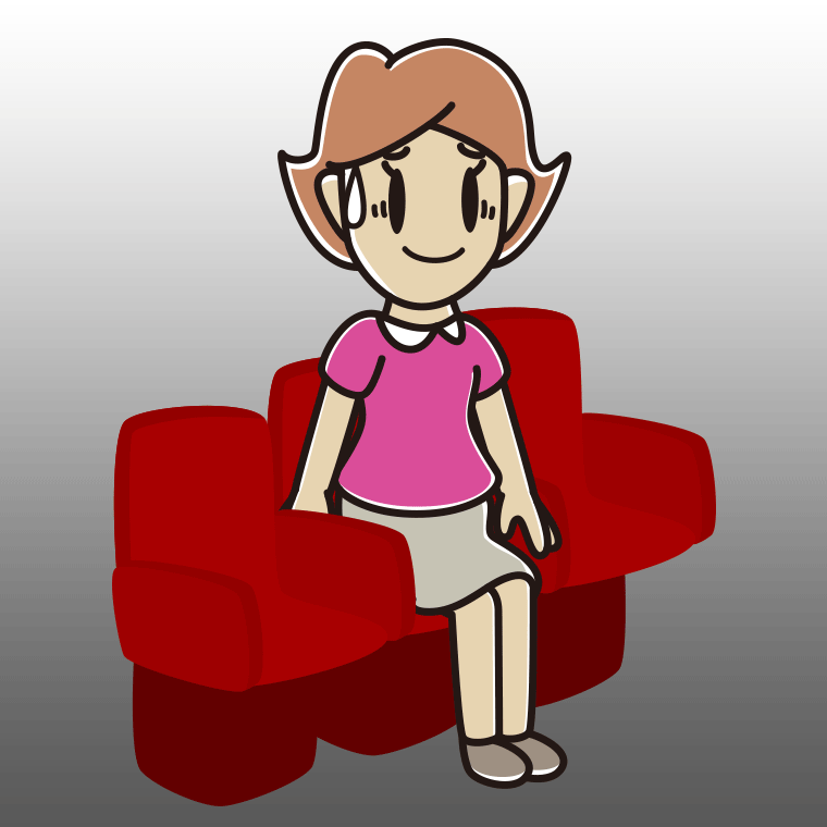 映画館（劇場）で苦笑いする女性のイラスト【色、背景あり】PNG