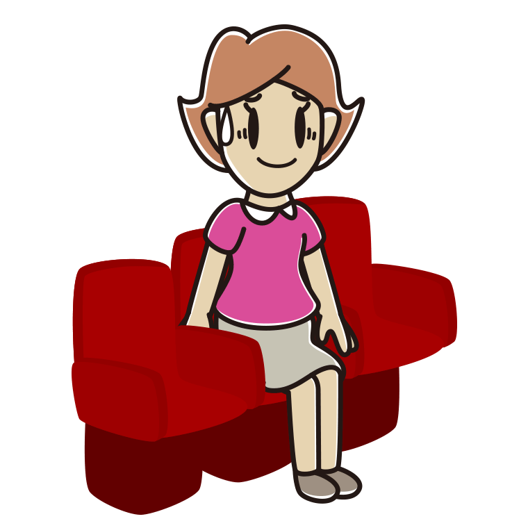 映画館（劇場）で苦笑いする女性のイラスト【色あり、背景なし】透過PNG