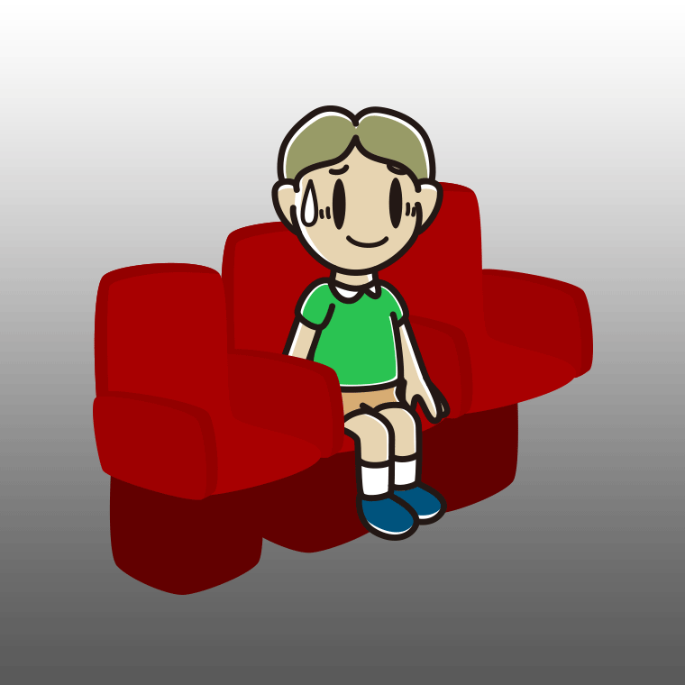映画館（劇場）で苦笑いする小学生男子のイラスト【色、背景あり】PNG