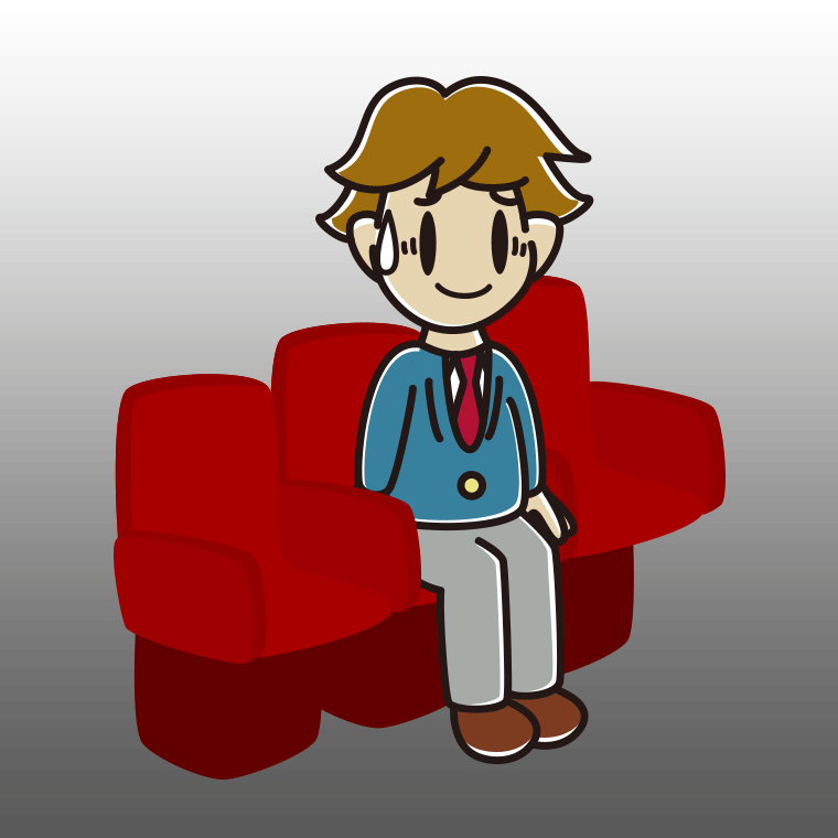映画館（劇場）で苦笑いする男子高校生のイラスト【色、背景あり】PNG