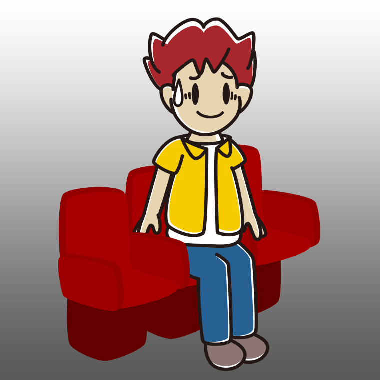 映画館（劇場）で苦笑いする男子大学生のイラスト【色、背景あり】PNG