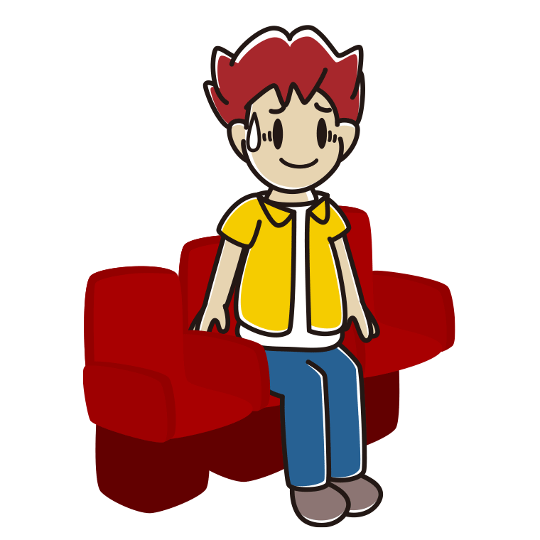 映画館（劇場）で苦笑いする男子大学生のイラスト【色あり、背景なし】透過PNG
