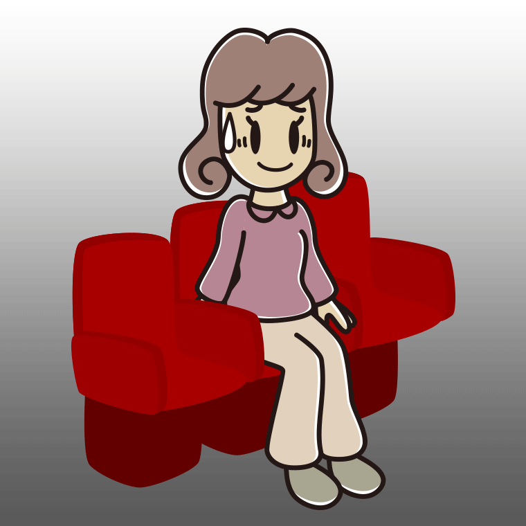 映画館（劇場）で苦笑いする女子大学生のイラスト【色、背景あり】PNG
