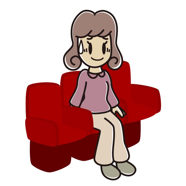 映画館（劇場）で苦笑いする女子大学生のイラスト【色あり、背景なし】透過PNG