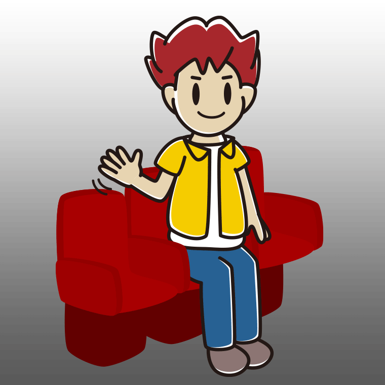 映画館（劇場）で手を振る男子大学生のイラスト【色、背景あり】PNG