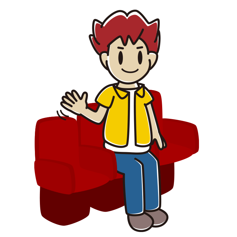 映画館（劇場）で手を振る男子大学生のイラスト【色あり、背景なし】透過PNG