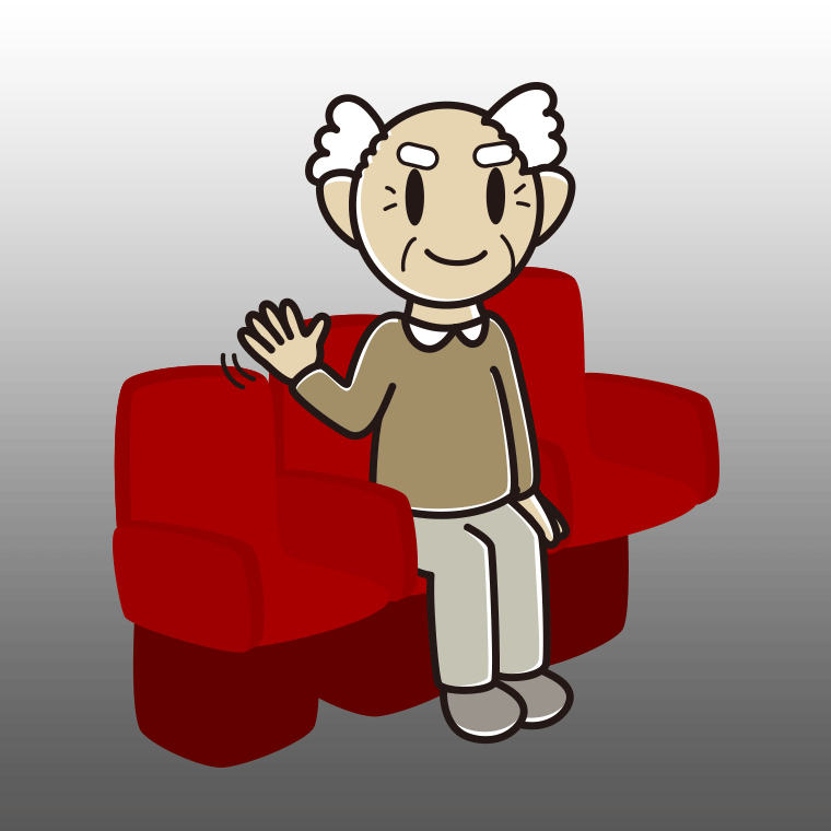 映画館（劇場）で手を振るおじいさんのイラスト【色、背景あり】PNG