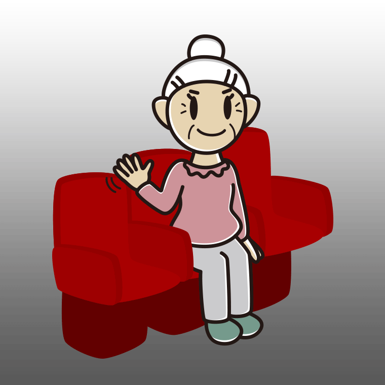 映画館（劇場）で手を振るおばあさんのイラスト【色、背景あり】PNG