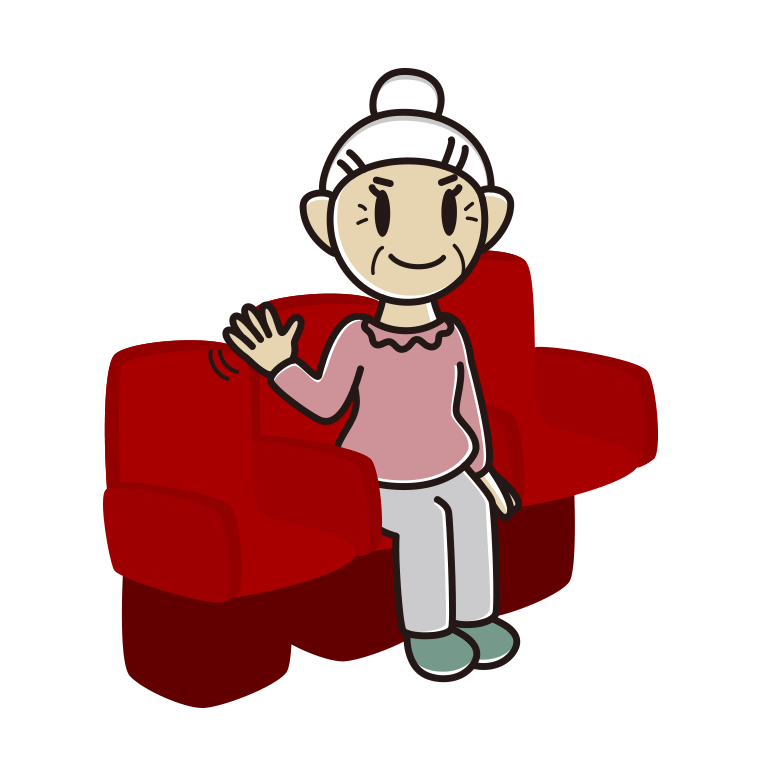 映画館（劇場）で手を振るおばあさんのイラスト【色あり、背景なし】透過PNG