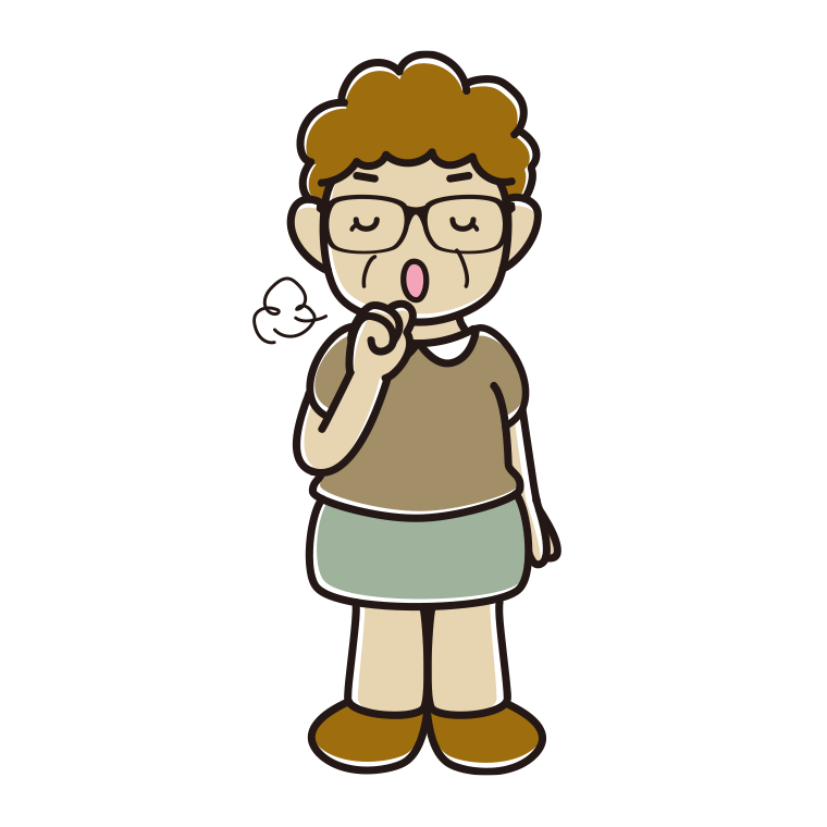 咳払いする眼鏡のおばさんのイラスト【色あり、背景なし】透過PNG