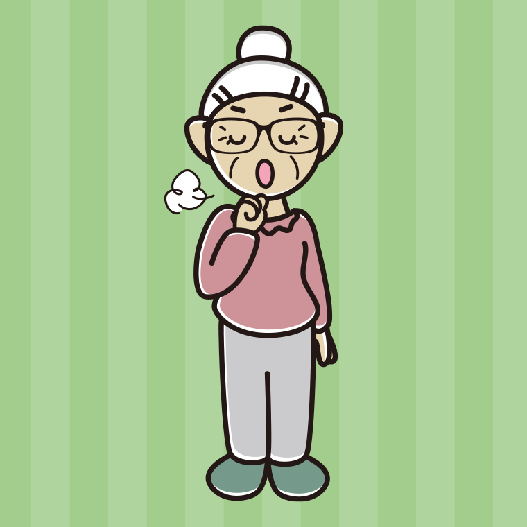 咳払いする眼鏡のおばあさんのイラスト【色、背景あり】PNG
