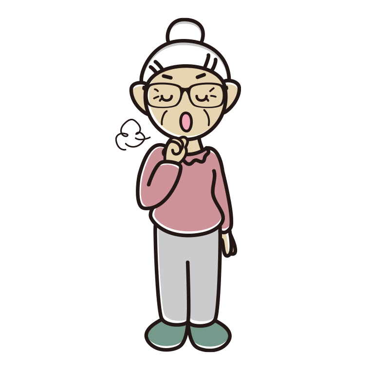 咳払いする眼鏡のおばあさんのイラスト【色あり、背景なし】透過PNG