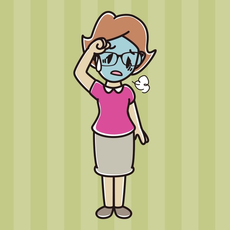 具合が悪い眼鏡の女性のイラスト【色、背景あり】PNG