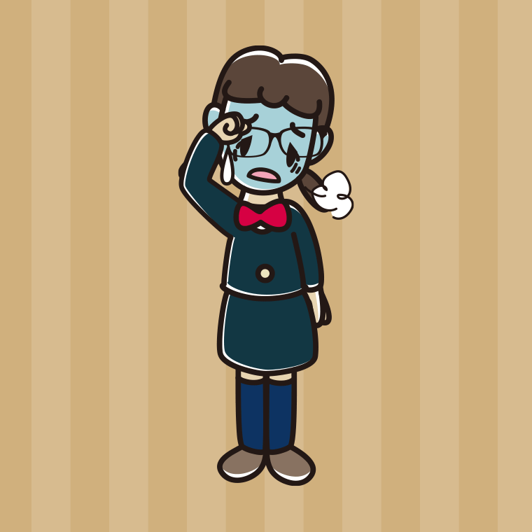 具合が悪い眼鏡の女子中学生のイラスト【色、背景あり】PNG
