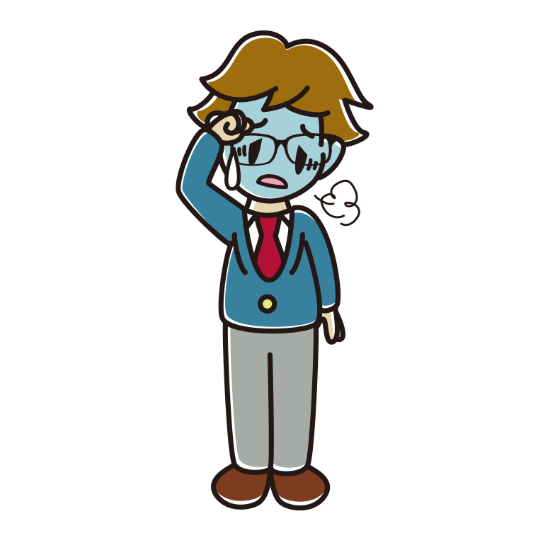 具合が悪い眼鏡の男子高校生のイラスト【色あり、背景なし】透過PNG