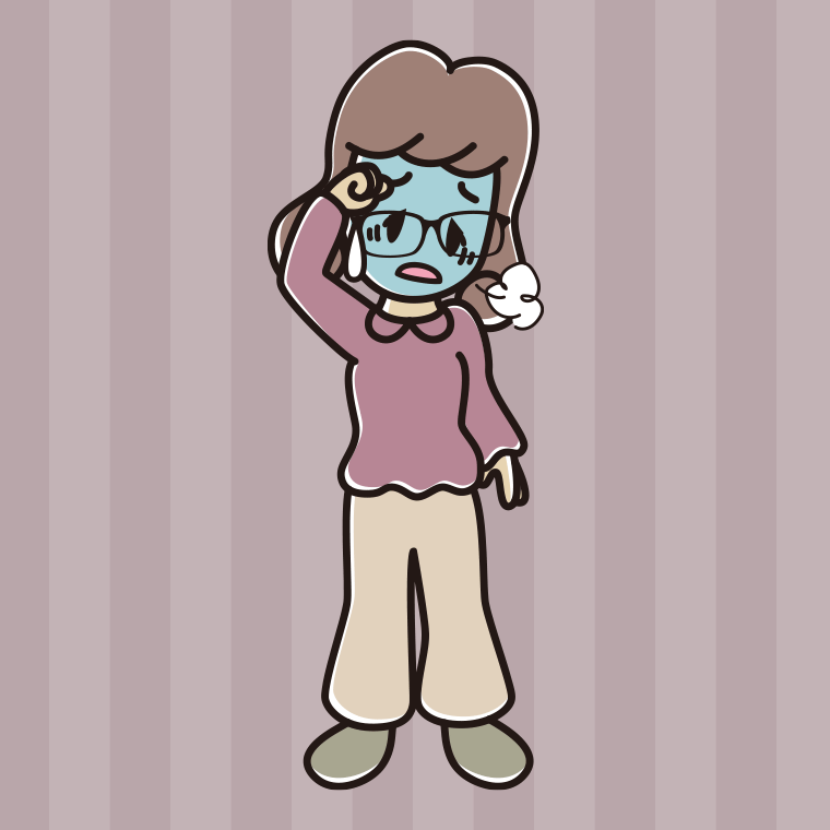 具合が悪い眼鏡の女子大学生のイラスト【色、背景あり】PNG