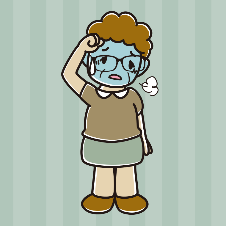 具合が悪い眼鏡のおばさんのイラスト【色、背景あり】PNG