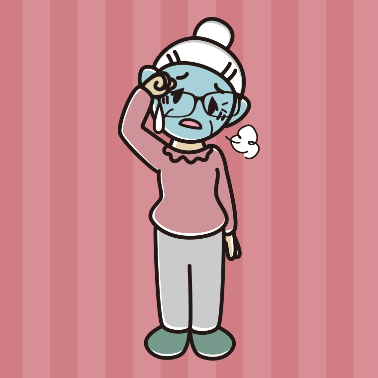 具合が悪い眼鏡のおばあさんのイラスト【色、背景あり】PNG