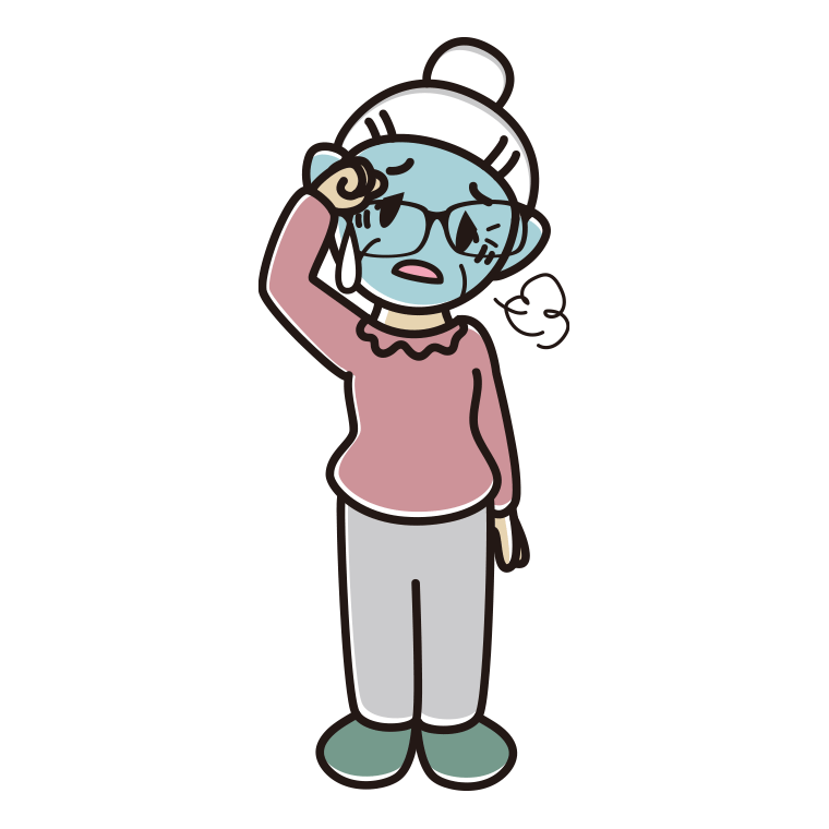 具合が悪い眼鏡のおばあさんのイラスト【色あり、背景なし】透過PNG