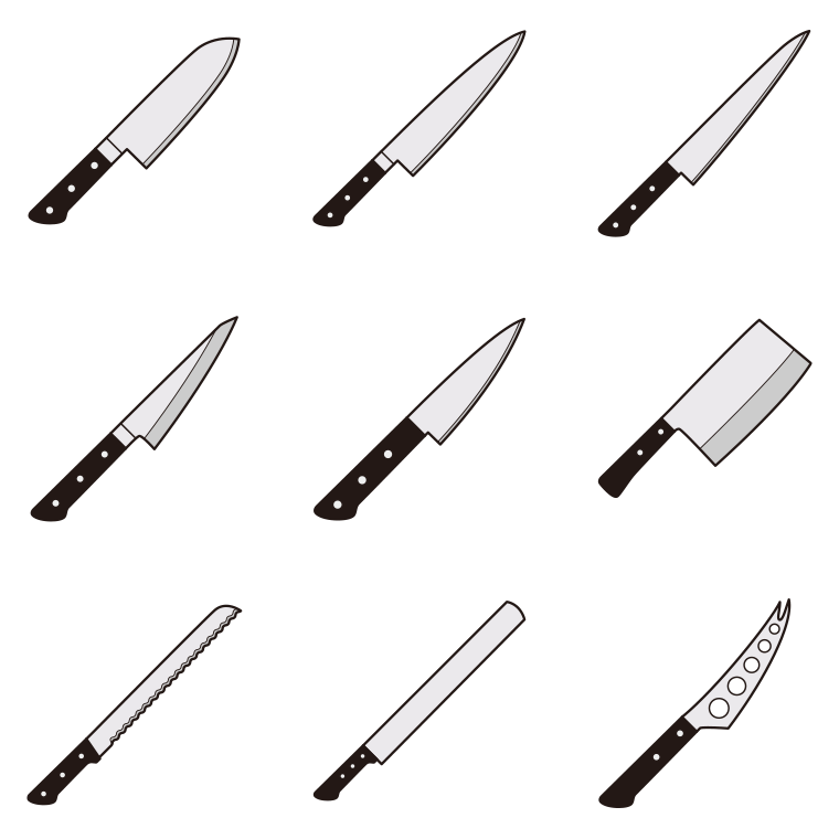 包丁のイラスト・アイコンセットB（9種）【色あり、背景なし】透過PNG