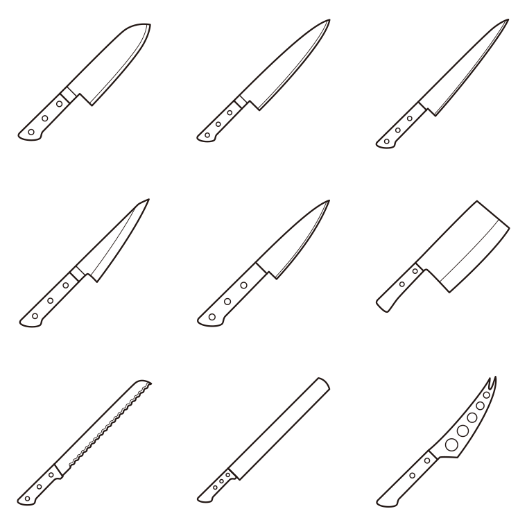 包丁のイラスト・アイコンセットB（9種）【線のみ】透過PNG