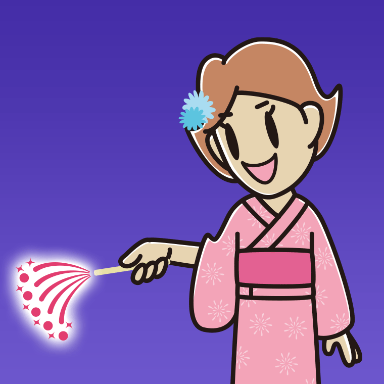 花火をする女性のイラスト【色、背景あり】PNG