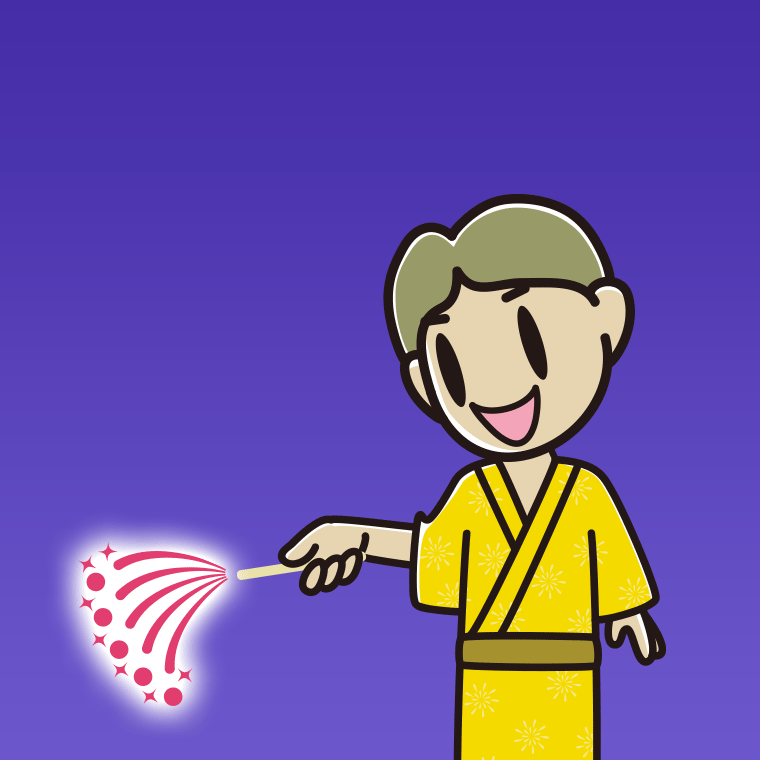 花火をする小学生男子のイラスト【色、背景あり】PNG