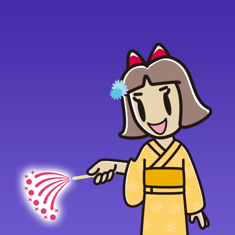 花火をする小学生女子のイラスト【色、背景あり】PNG