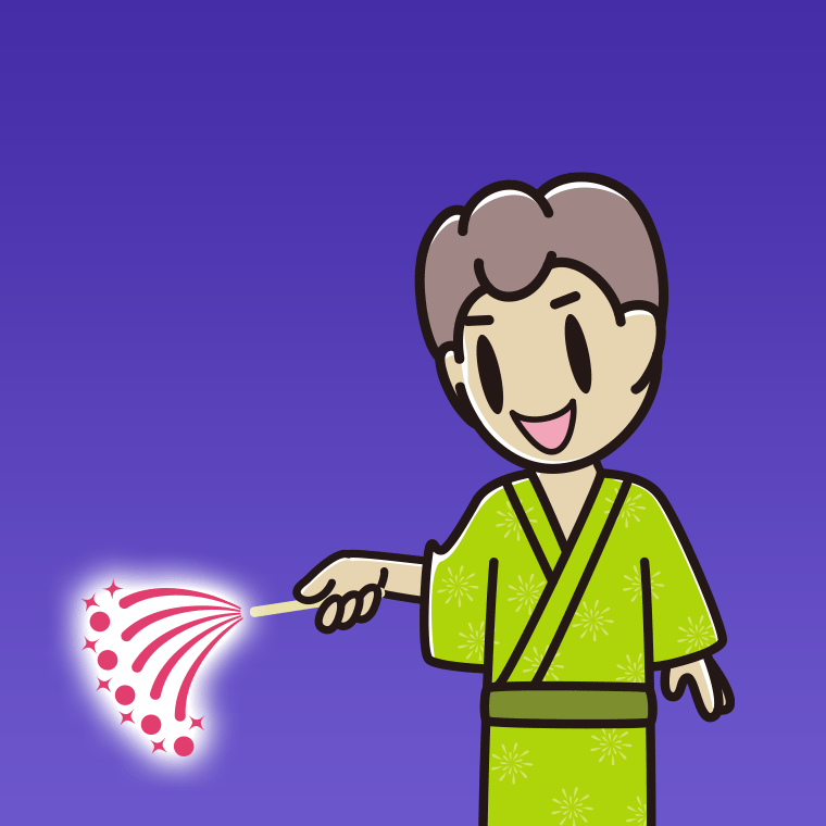 花火をする男子中学生のイラスト【色、背景あり】PNG