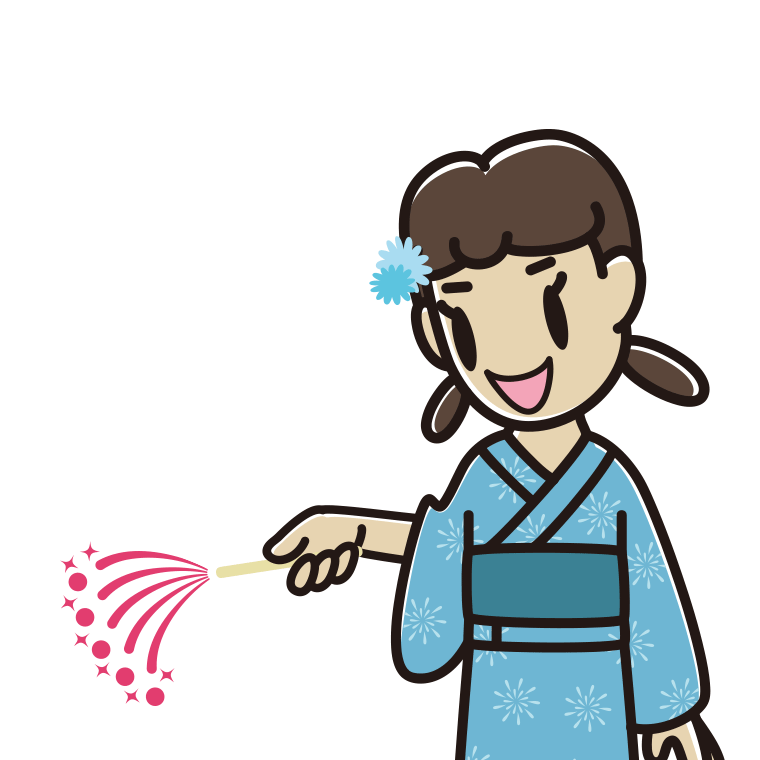 花火をする女子中学生のイラスト【色あり、背景なし】透過PNG