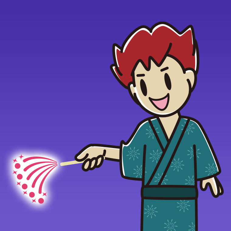 花火をする男子大学生のイラスト【色、背景あり】PNG