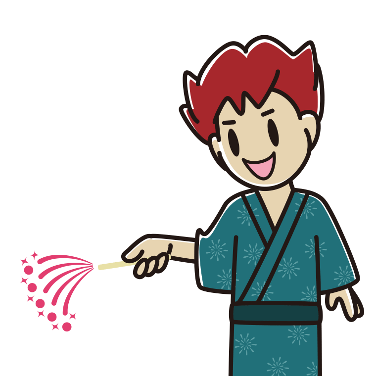 花火をする男子大学生のイラスト【色あり、背景なし】透過PNG