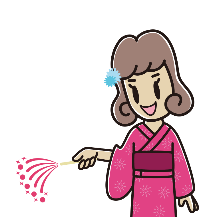 花火をする女子大学生のイラスト【色あり、背景なし】透過PNG
