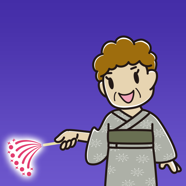花火をするおばさんのイラスト【色、背景あり】PNG