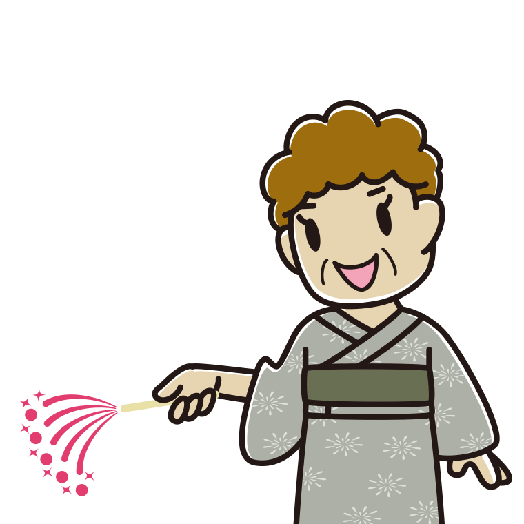 花火をするおばさんのイラスト【色あり、背景なし】透過PNG