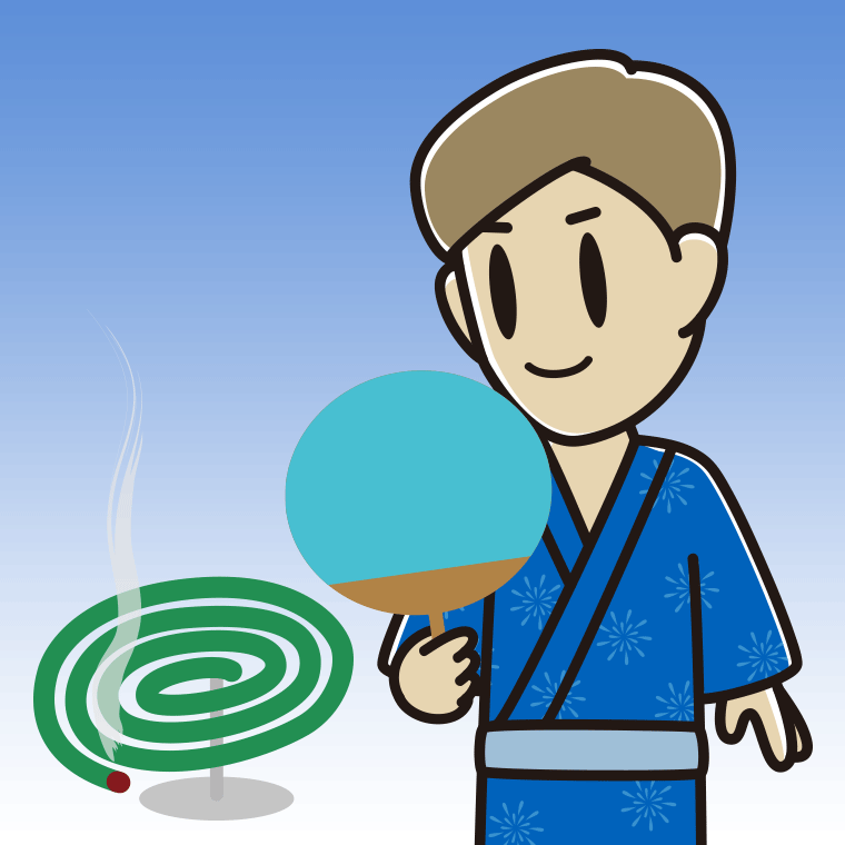 蚊取り線香を使う男性のイラスト【色、背景あり】PNG