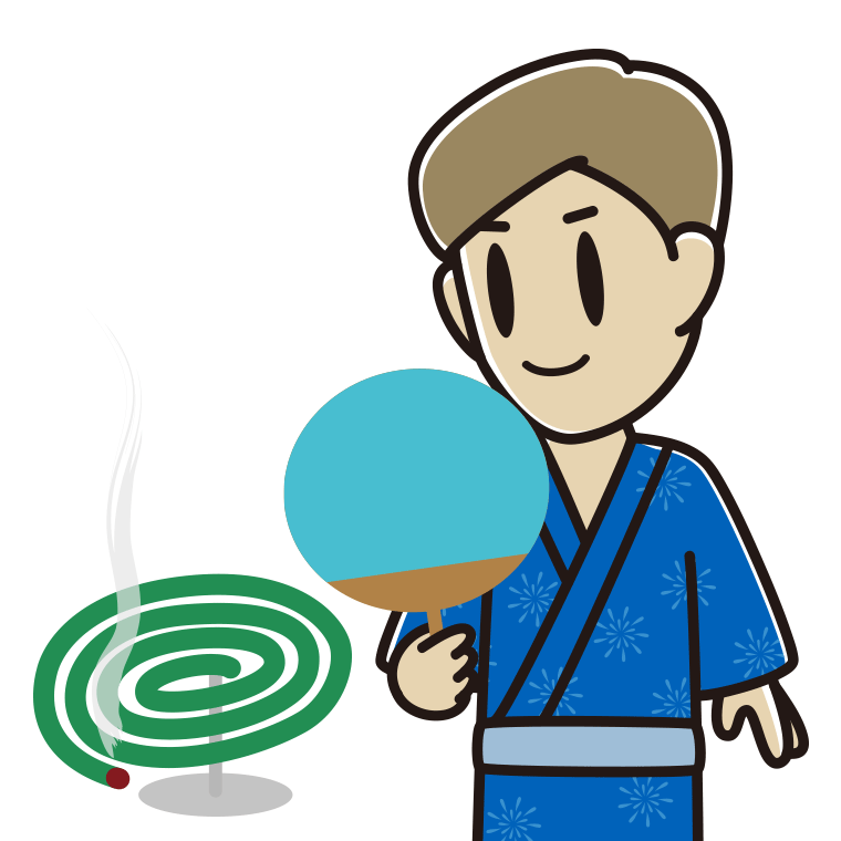 蚊取り線香を使う男性のイラスト【色あり、背景なし】透過PNG