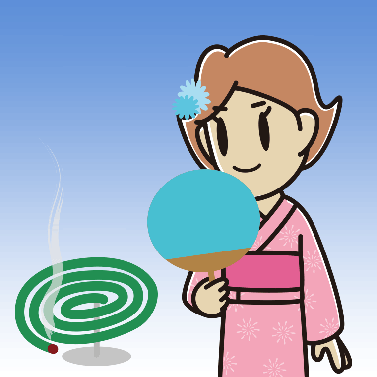 蚊取り線香を使う女性のイラスト【色、背景あり】PNG