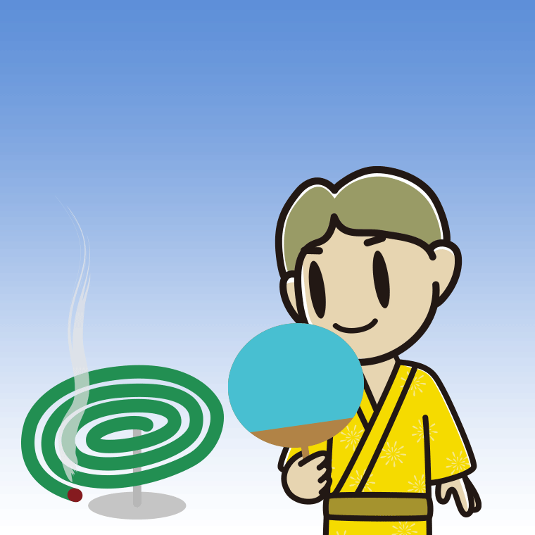 蚊取り線香を使う小学生男子のイラスト【色、背景あり】PNG